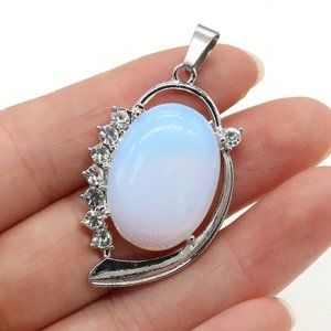 Opal Natural Stone Pendant Vintage Oval Shape with Sparkling Stones on side